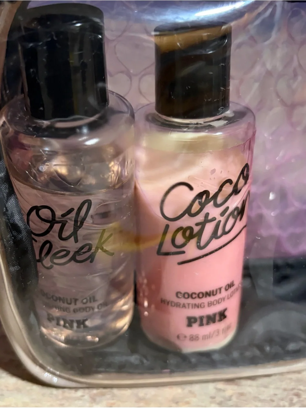 PINK Victoria’s Secret 2-Oil Sleek Coconut Oil & Cocoa Lotion Travel Set in Bag